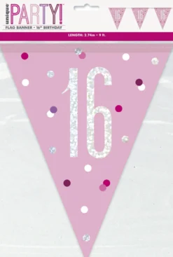 Flaggbanner - 16 År - Rosa & Sølv